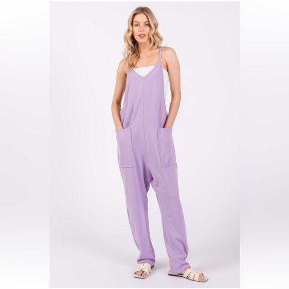 17 French Terry Jumpsuit Solid Harem Sleeveless V-neck - Picture 4 of 8